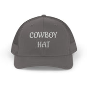 All grey trucker hat with 'Cowboy Hat' text on a white background.