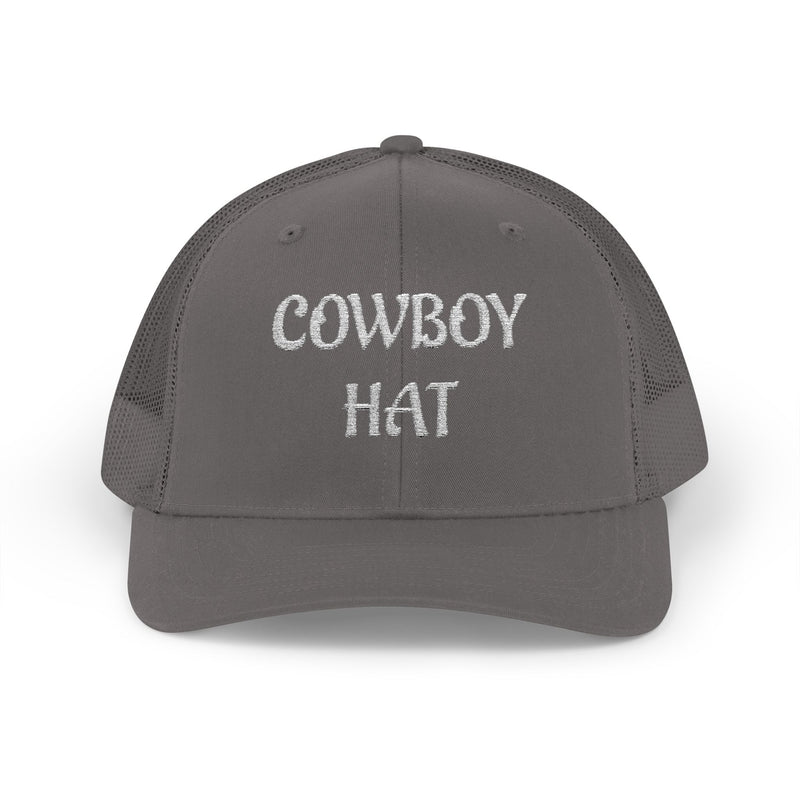 All grey trucker hat with 'Cowboy Hat' text on a white background.