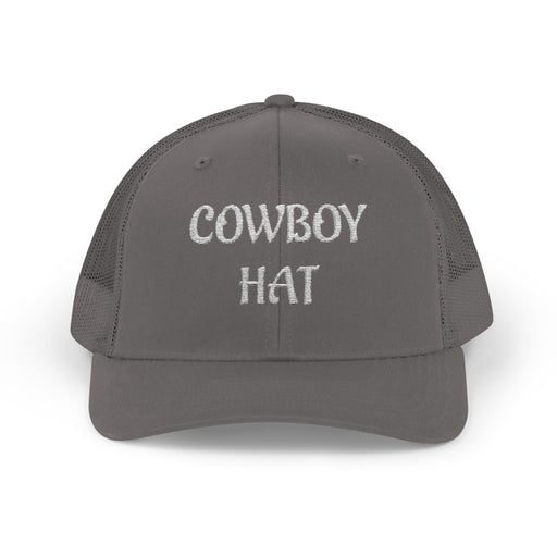 All grey trucker hat with 'Cowboy Hat' text on a white background.