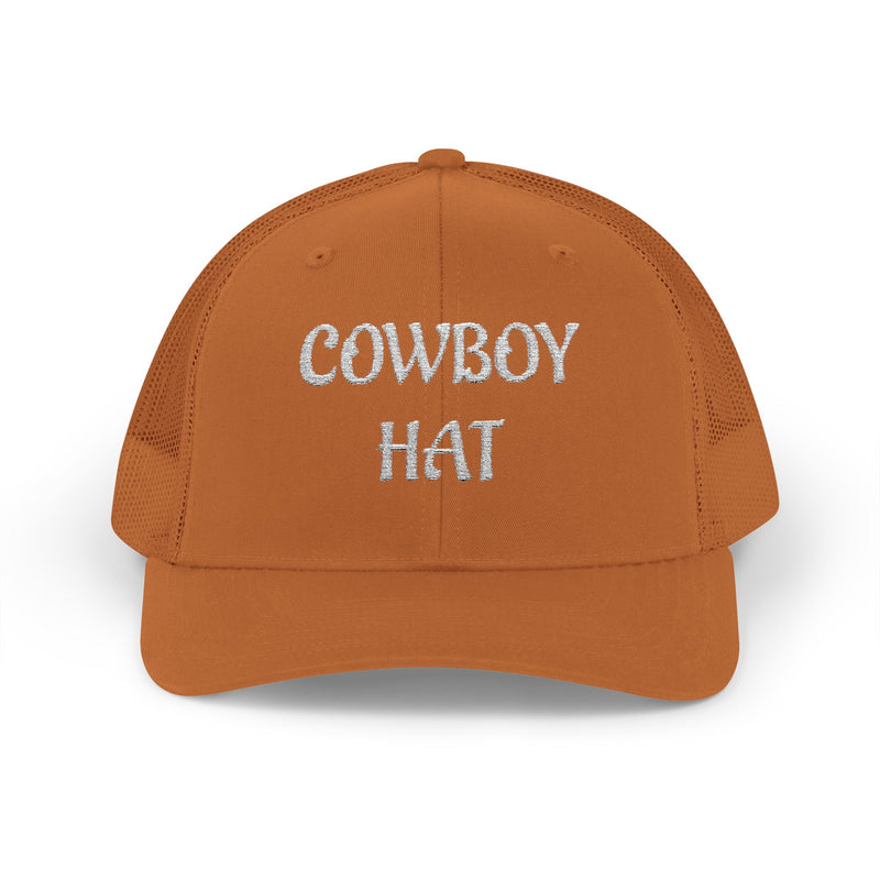 Orange trucker hat with 'Cowboy Hat' text on a white background.