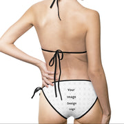 Customizable top and bottom woman's bikini swimsuit with black straps from the back on a white background.