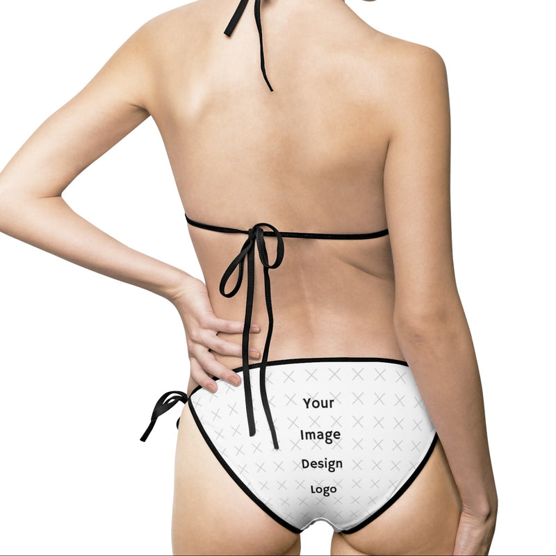 Customizable top and bottom woman's bikini swimsuit with black straps from the back on a white background.