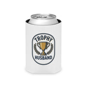 White can cooler with a can and with 'Trophy Husband' design on a white background.
