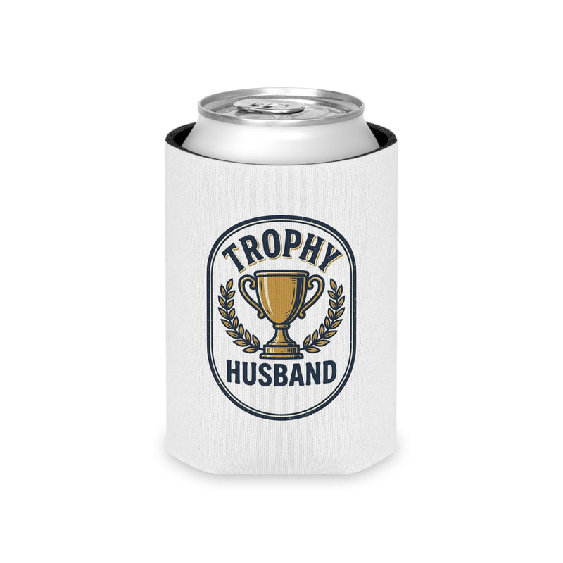 White can cooler with a can and with 'Trophy Husband' design on a white background.
