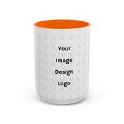 Customizable white mug with orange  interior and "your image or design" placeholder on a white background.