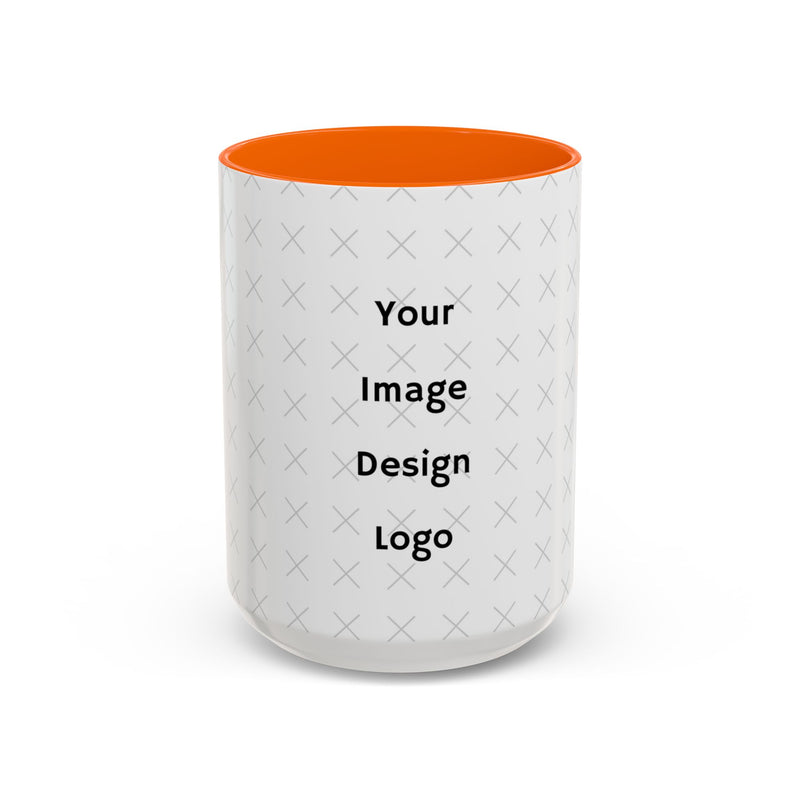 Customizable white mug with orange  interior and "your image or design" placeholder on a white background.