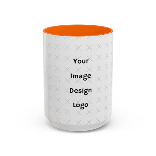Customizable white mug with orange  interior and "your image or design" placeholder on a white background.