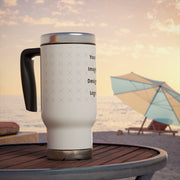 Customizable white tumbler with silver lid with a "your image or design" placeholder on a table overlooking the beach.