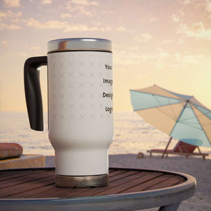 Customizable white tumbler with silver lid with a "your image or design" placeholder on a table overlooking the beach.
