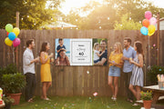 Custom vinyl photo banner with two family photos and center panel for name, age, and date hanging above a party table, 48x24 and 72x36 inches on wood fence.