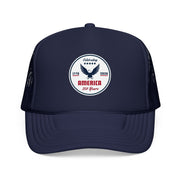 Navy blue trucker hat with 'Celebrating America for 250 Years' design on a white background.