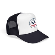 White and navy blue trucker hat with 'Celebrating America for 250 Years' design displayed sideways on a white background.