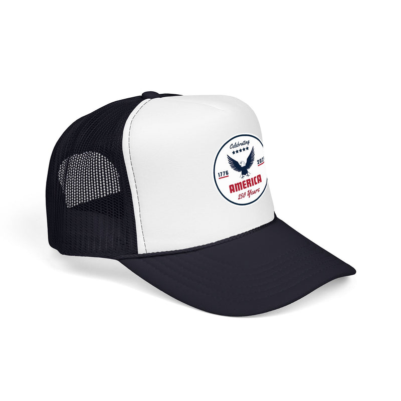 White and navy blue trucker hat with 'Celebrating America for 250 Years' design displayed sideways on a white background.