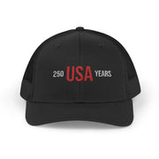 All black trucker cap with 'USA 250 YEARS' text on a white background.