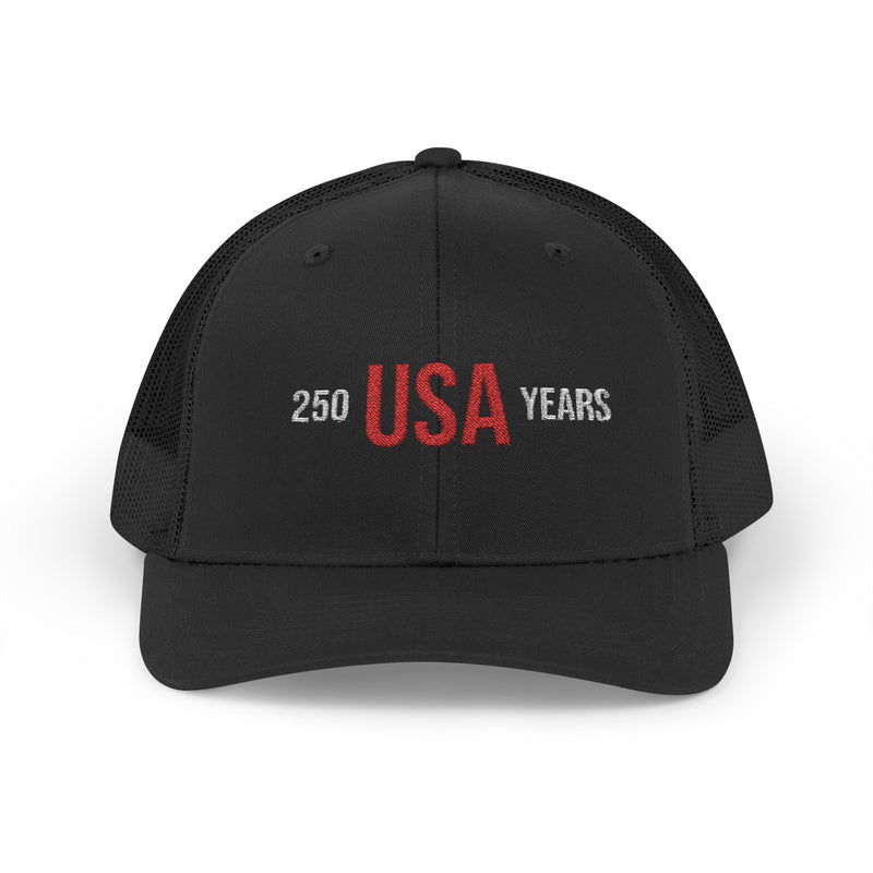 All black trucker cap with 'USA 250 YEARS' text on a white background.