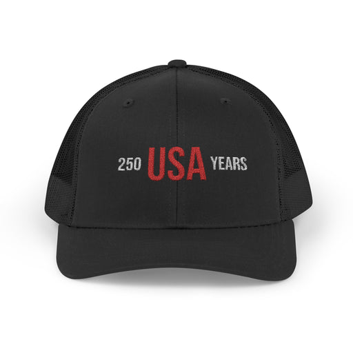 All black trucker cap with 'USA 250 YEARS' text on a white background.