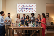 Patriotic “God Bless America” matte banner with red polka dot background hanging above a party table, 72x36 and 48x24 inches.