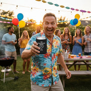 Black can cooler with a can it in and 'The Participation Trophy 1st Place' text and graphic displayed by a dad holding it forward. 