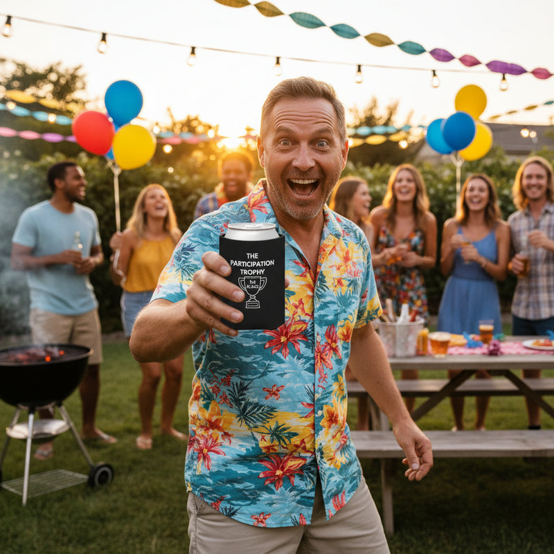 Black can cooler with a can it in and 'The Participation Trophy 1st Place' text and graphic displayed by a dad holding it forward. 
