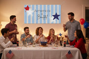 Patriotic “America the Beautiful” matte banner with blue stripes and red and blue stars hanging above a party table, 48x24 and 72x36 inches.