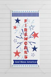 Patriotic vertical matte banner with red white and blue stars, fireworks and the word fireworks 24x48 and 36x72 inches on indoor shiplap wall. 
