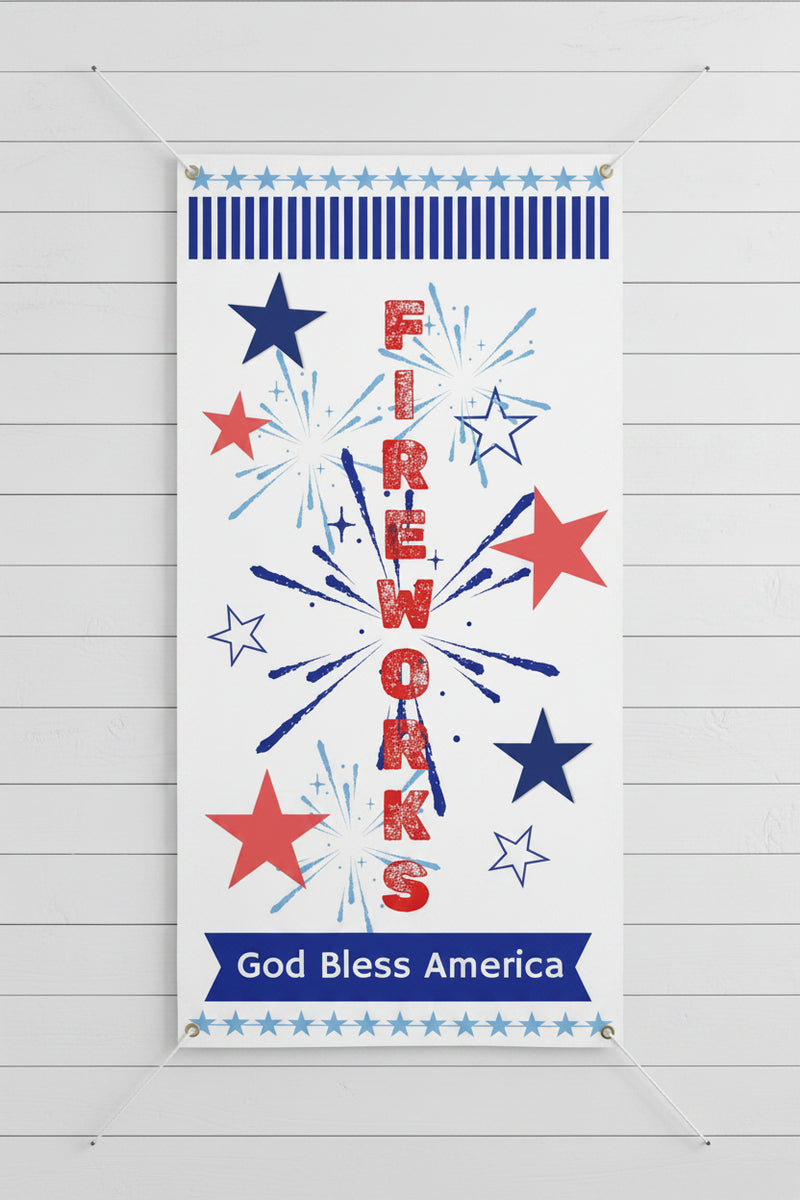 Patriotic vertical matte banner with red white and blue stars, fireworks and the word fireworks 24x48 and 36x72 inches on indoor shiplap wall. 
