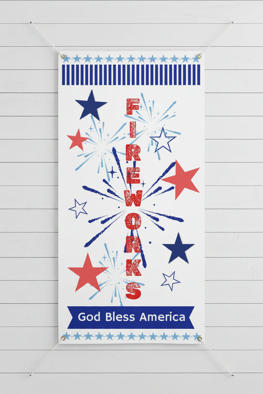 Patriotic vertical matte banner with red white and blue stars, fireworks and the word fireworks 24x48 and 36x72 inches on indoor shiplap wall. 
