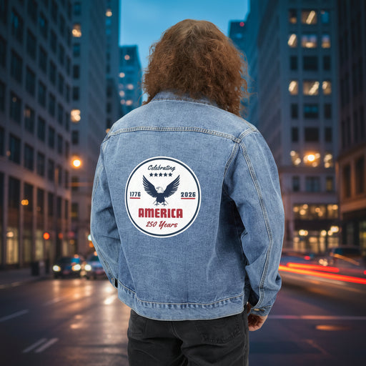 Person wearing a blue denim jacket with celebrating america 250 years and an eagle on the back standing in a street scene.