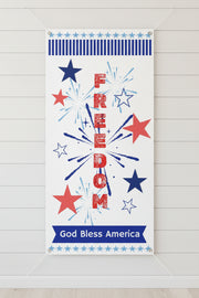 Patriotic vertical matte banner with red white and blue stars, fireworks and the word freedom 24x48 and 36x72 inches.