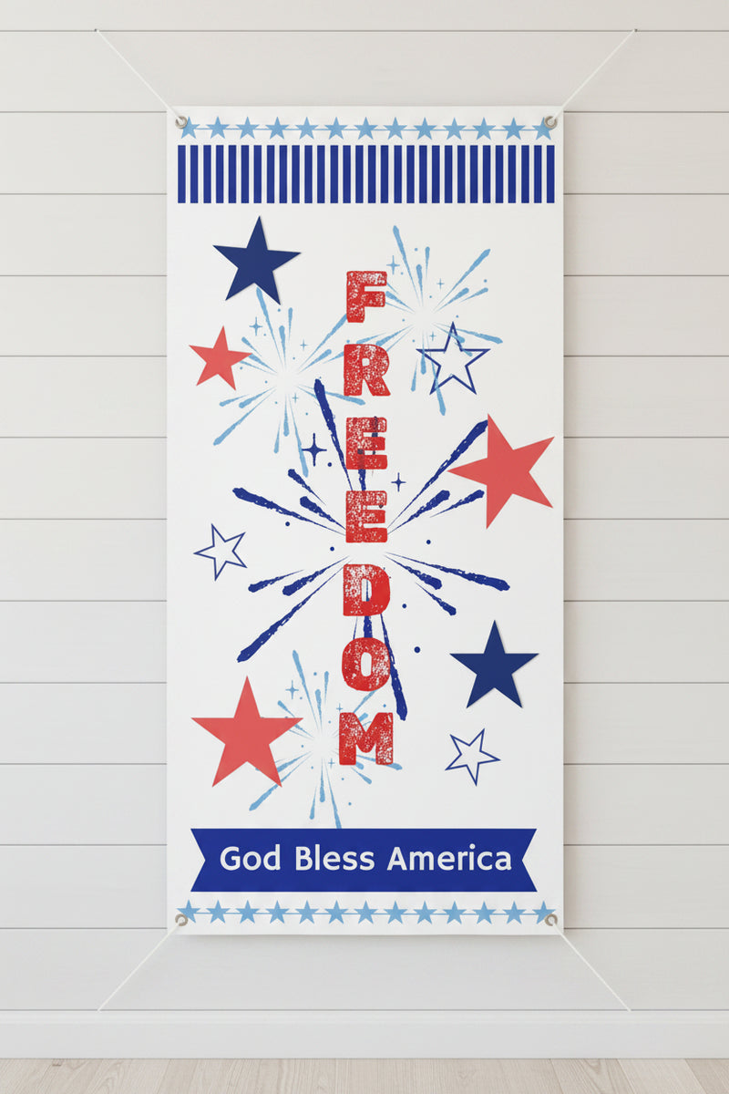 Patriotic vertical matte banner with red white and blue stars, fireworks and the word freedom 24x48 and 36x72 inches.