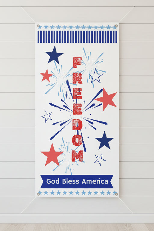 Patriotic vertical matte banner with red white and blue stars, fireworks and the word freedom 24x48 and 36x72 inches.