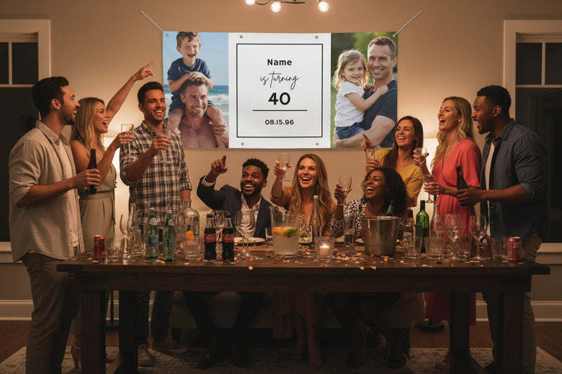 Custom matte photo banner with two family photos and center panel for name, age, and date hanging above a party table, 48x24 and 72x36 inches.