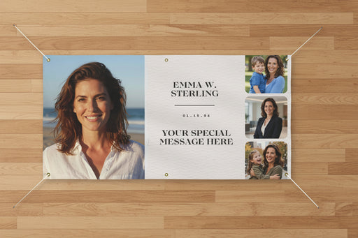 Custom matte photo banner with large portrait, three smaller photos, and space for name and special message, 72x36 and 48x24 inches on indoor wall.