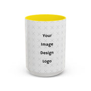 Customizable white mug with yellow interior and "your image or design" placeholder on a white background.
