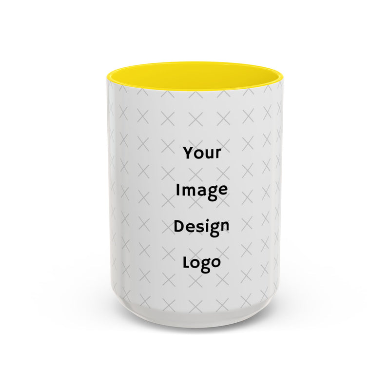 Customizable white mug with yellow interior and "your image or design" placeholder on a white background.