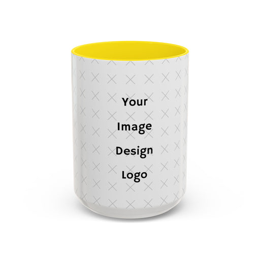 Customizable white mug with yellow interior and "your image or design" placeholder on a white background.