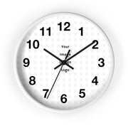 Customizable wall clock with white frame with a "your image" placeholder on a white background.