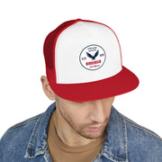 Man wearing a red and white flat bill trucker cap with a logo 'celebrating America 250 years' on a white background.