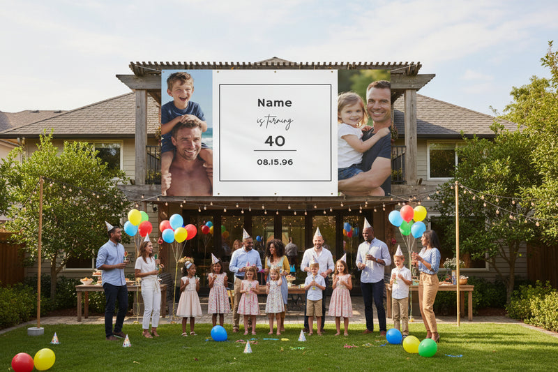 Custom matte photo banner with two family photos and center panel for name, age, and date hanging above a party table, 96x60 inches.