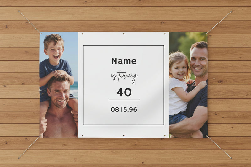Custom matte photo banner with two family photos and center panel for name, age, and date, 96x60 inches.