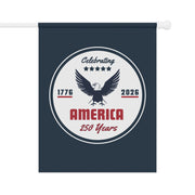 Navy blue flag with an eagle design celebrating America's 250th anniversary on a white background.