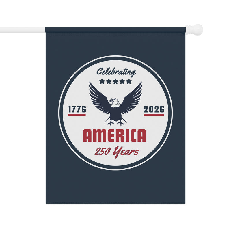 Navy blue flag with an eagle design celebrating America's 250th anniversary on a white background.