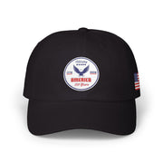 All black classic ball cap with a circular emblem featuring an eagle and text , along with the American flag on the side on a white background.