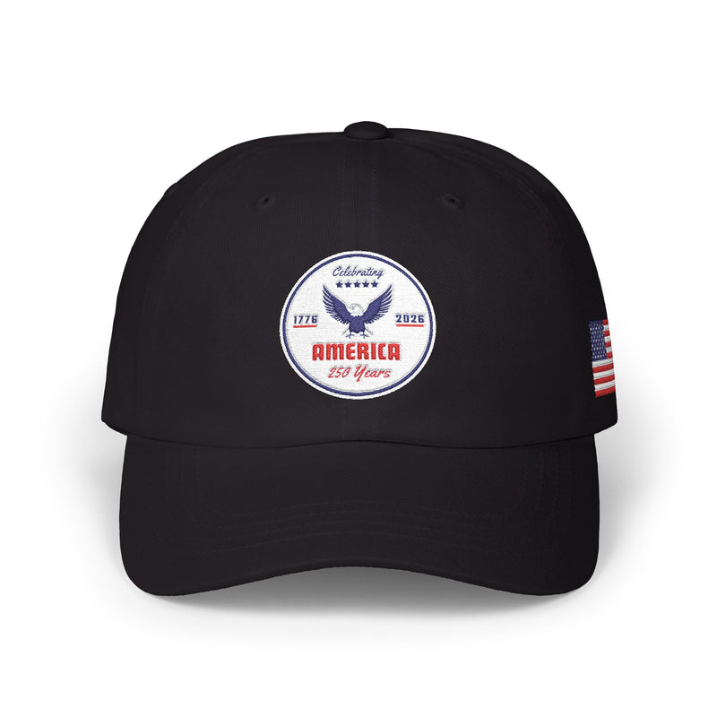 All black classic ball cap with a circular emblem featuring an eagle and text , along with the American flag on the side on a white background.