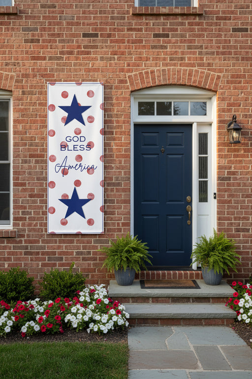 Patriotic “God Bless America” vertical matte banner with red polka dot background, 36x96 inches on front of house.  