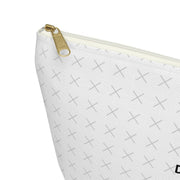 Customizable white pouch with "your image or design" placeholder pattern with white zipper on a white background.