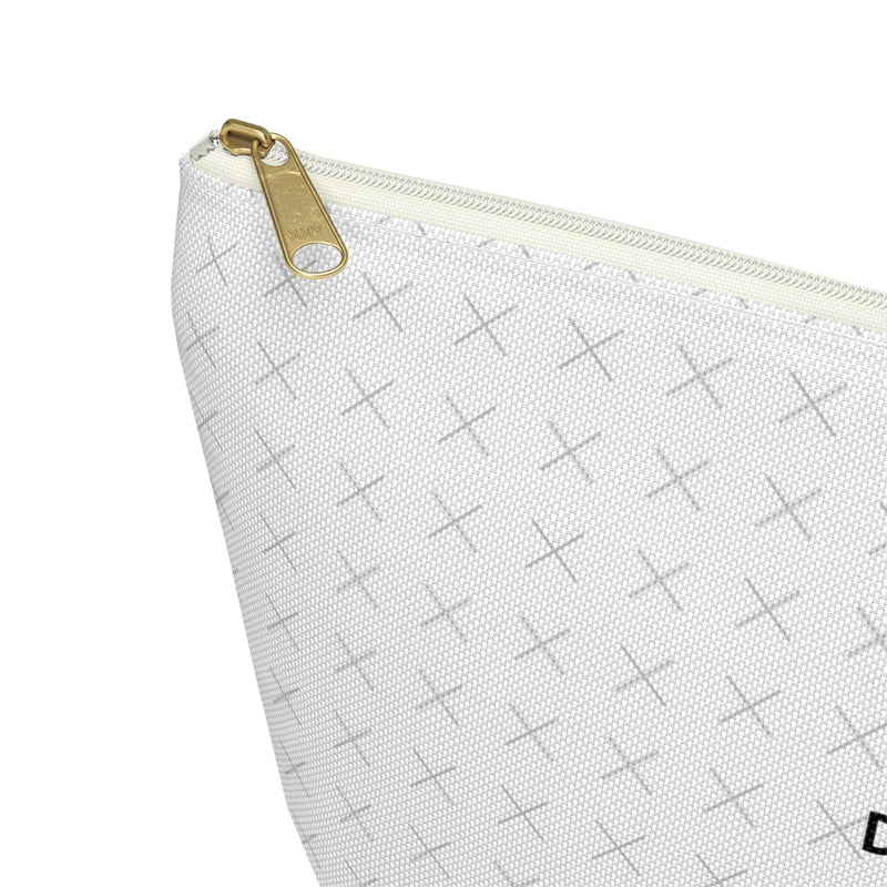 Customizable white pouch with "your image or design" placeholder pattern with white zipper on a white background.