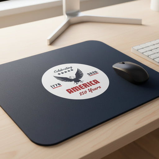 Navy blue mouse pad with a circular design featuring an eagle and text celebrating America's 250th anniversary on a desk.