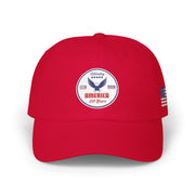 All red classic ball cap with a circular emblem featuring an eagle and text , along with the American flag on the side on a white background.