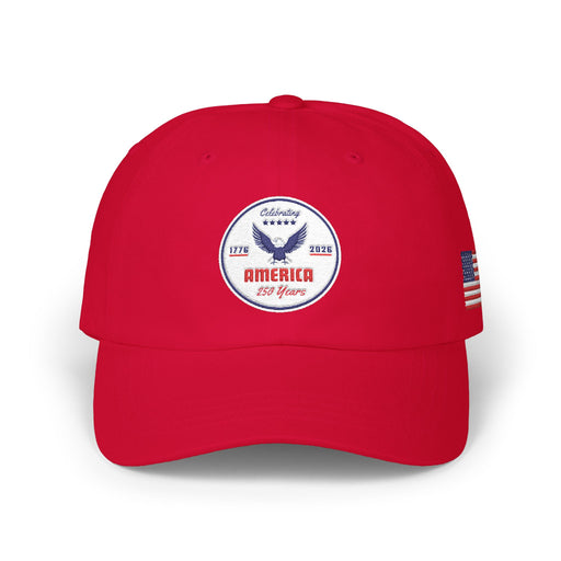 All red classic ball cap with a circular emblem featuring an eagle and text , along with the American flag on the side on a white background.